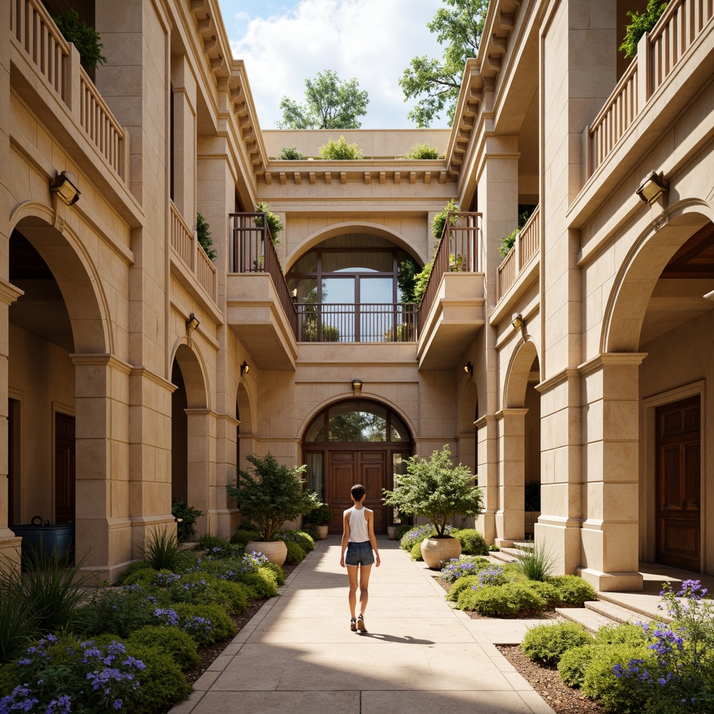 Prompt: Grandiose youth center facade, neoclassical architecture, ornate details, Corinthian columns, symmetrical composition, warm beige stone walls, elegant archways, intricately carved wooden doors, bronze hardware, grand staircases, spacious atriums, natural light flooding, soft warm lighting, shallow depth of field, 1/1 composition, realistic textures, ambient occlusion, vibrant greenery, blooming flowers, sunny day.