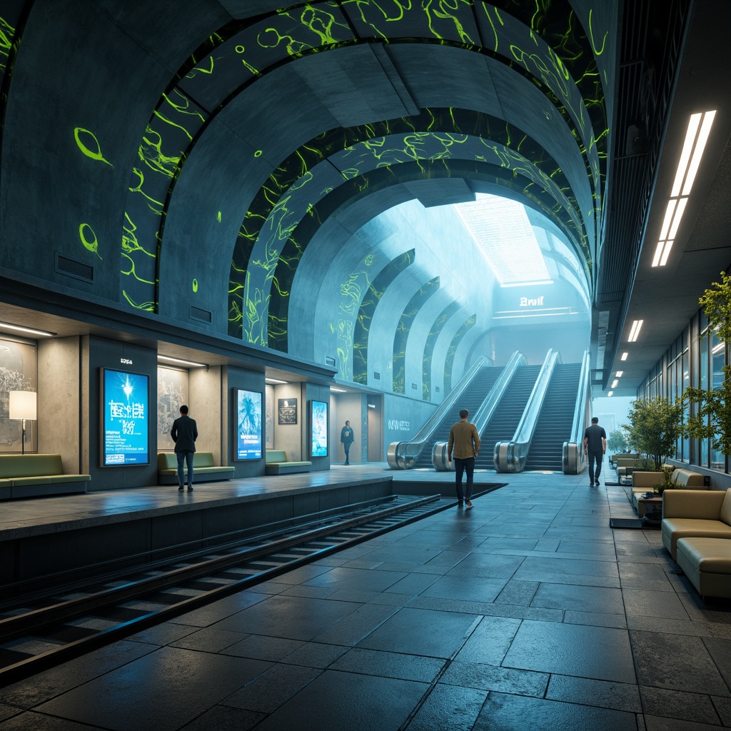 Prompt: Futuristic metro station, bioluminescent walls, glowing accents, undulating curves, organic shapes, natural stone floors, metallic ceilings, minimalist seating areas, holographic advertisements, transparent glass partitions, atmospheric lighting, misty ambiance, futuristic transportation systems, high-tech information displays, sleek escalators, spacious platforms, innovative waste management systems, eco-friendly materials, recycled resources, airy ventilation systems, soft diffused lighting, 1/1 composition, cinematic view.