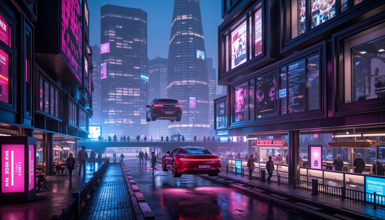 Prompt: Neon-lit metropolitan cityscape, sleek skyscrapers, metallic surfaces, holographic advertisements, neon lights, cyberpunk atmosphere, vibrant pink accents, electric blue hues, chrome finishes, mirror-like reflections, futuristic transportation systems, levitating vehicles, space-age inspired architecture, iridescent colors, glowing accents, dark shadows, high-contrast lighting, cinematic composition, dramatic depth of field, 1/2 perspective, sharp geometric shapes.