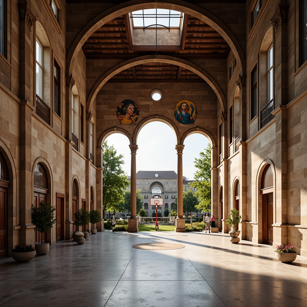 Prompt: Renaissance-style gymnasium, grand arches, ornate columns, rustic stone walls, wooden beam ceilings, large windows, natural light, athletic equipment, basketball hoops, volleyball nets, exercise machines, marble floors, decorative frescoes, classical statues, verdant courtyard, serene atmosphere, warm afternoon lighting, shallow depth of field, 1/1 composition, symmetrical view, realistic textures, ambient occlusion.