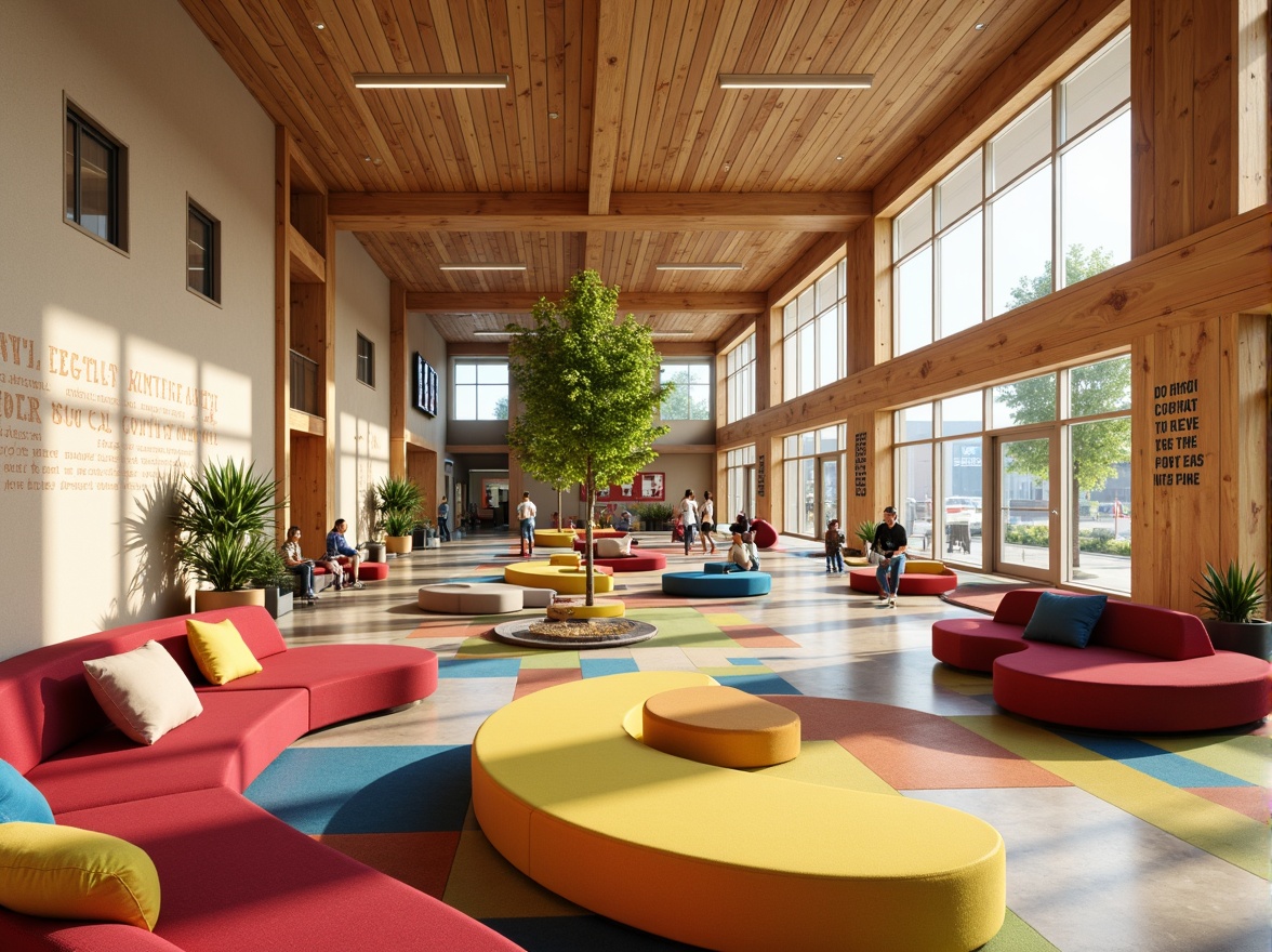 Prompt: Vibrant community center, playful colors, energetic atmosphere, warm beige walls, rich wood accents, comfortable seating areas, collaborative workspaces, natural light, open floor plans, modern furniture designs, bold accent colors, inspiring quotes, lively textures, dynamic patterns, youthful energy, sunny day, soft warm lighting, shallow depth of field, 3/4 composition, realistic renderings.