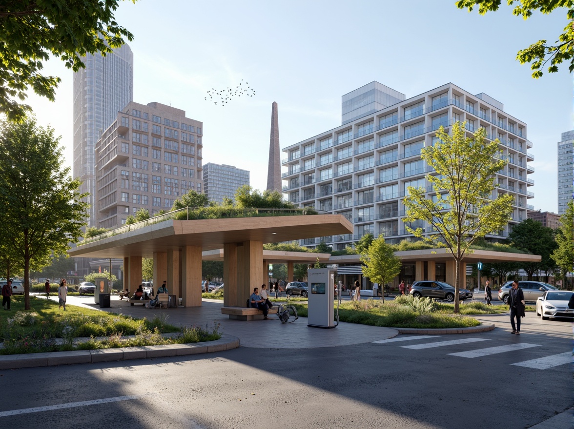 Prompt: Eco-friendly charging station, modern angular lines, green roofs, solar panels, wind turbines, energy-efficient systems, LED lighting, natural ventilation, recycled materials, minimalist design, electric vehicle parking, urban landscape, busy city streets, morning sunlight, shallow depth of field, 3/4 composition, panoramic view, realistic textures, ambient occlusion.