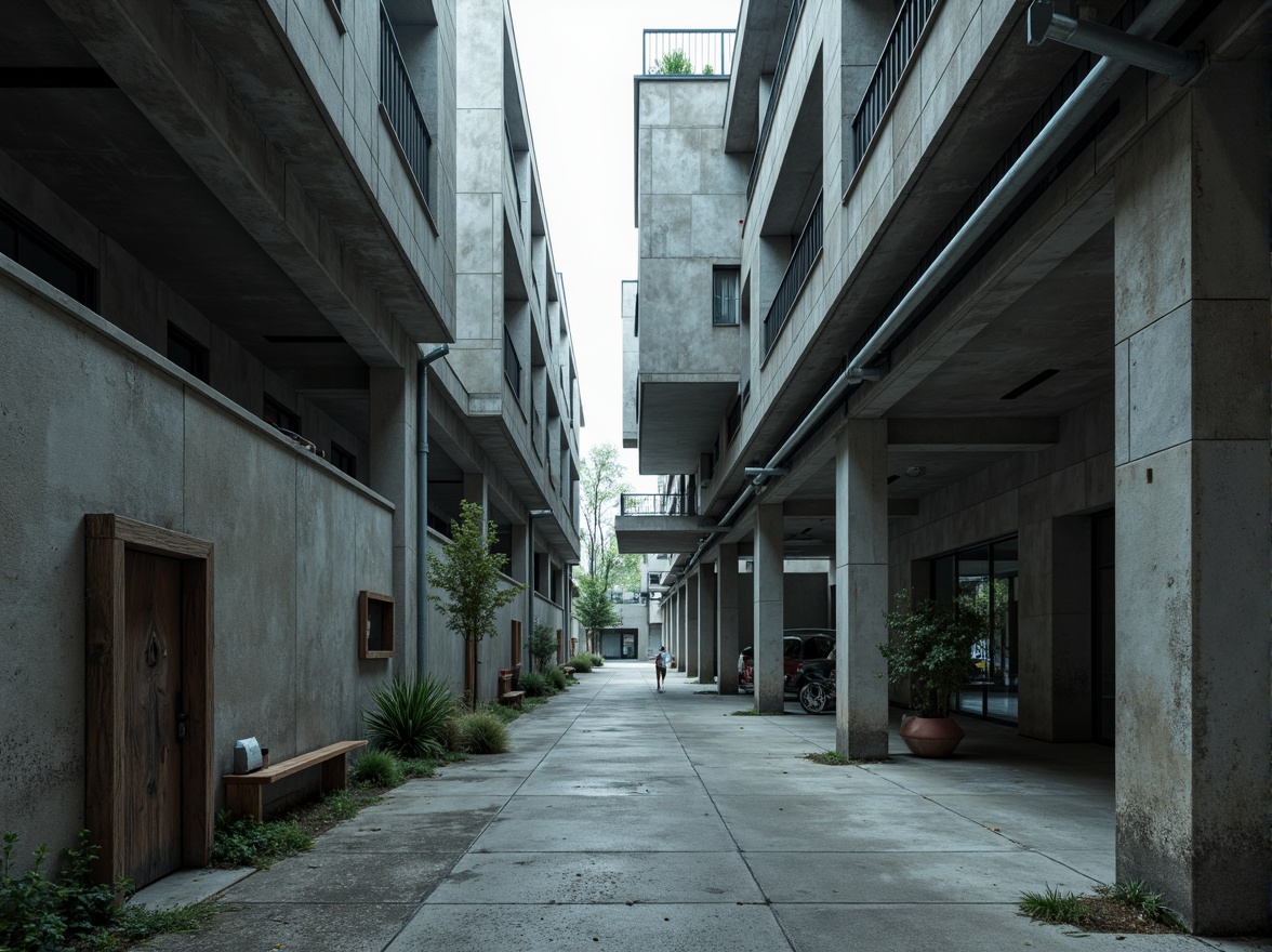 Prompt: Monolithic concrete structures, brutalist architecture, rugged stone walls, raw steel beams, industrial metal pipes, exposed ductwork, minimalist ornamentation, functional simplicity, poured-in-place concrete floors, rough-hewn wooden accents, cold-toned color palette, dramatic natural light, high-contrast shadows, cinematic composition, low-angle photography, atmospheric fog effects, 2.35