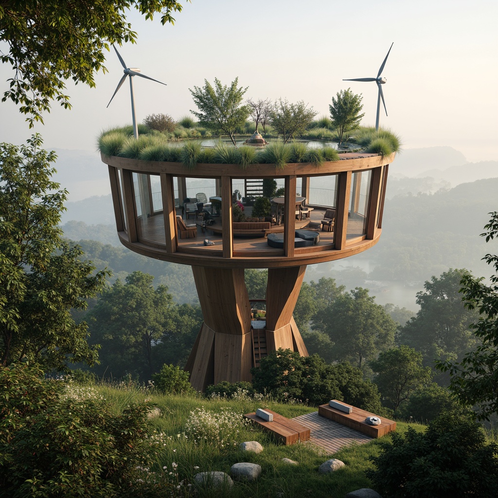 Prompt: Eco-friendly watching tower, organic curves, reclaimed wood accents, green roofs, living walls, solar panels, wind turbines, rainwater harvesting systems, natural ventilation, minimalist design, rustic metal frames, panoramic views, misty morning atmosphere, soft warm lighting, 1/2 composition, realistic textures, ambient occlusion, serene forest surroundings, lush foliage, wildflowers, birds' nests, wooden benches, nature-inspired patterns.