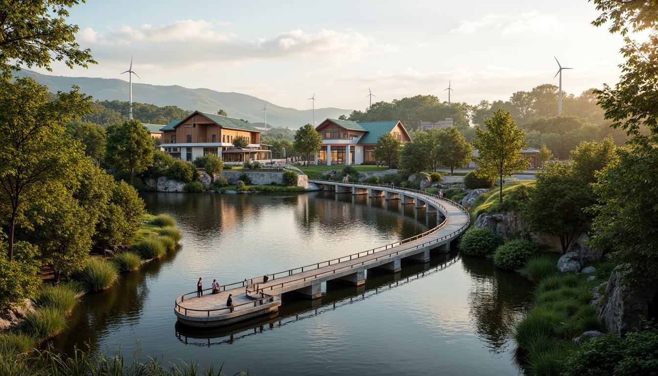 Prompt: Curved bridge structure, verdant vegetation, serene water reflections, rustic stone piers, wooden railings, eco-friendly materials, sustainable energy harvesting, solar panels, wind turbines, green roofs, natural habitats preservation, minimal environmental impact, harmonious landscape integration, tranquil atmosphere, soft warm lighting, shallow depth of field, 3/4 composition, panoramic view, realistic textures, ambient occlusion.