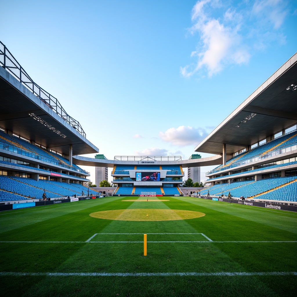 Prompt: Powder blue soccer stadium, lush green grass, vibrant yellow goalposts, modern seating areas, sleek metallic railings, LED scoreboard displays, natural stone concourses, cloudless blue sky, warm sunny day, soft diffused lighting, shallow depth of field, 3/4 composition, panoramic view, realistic textures, ambient occlusion.