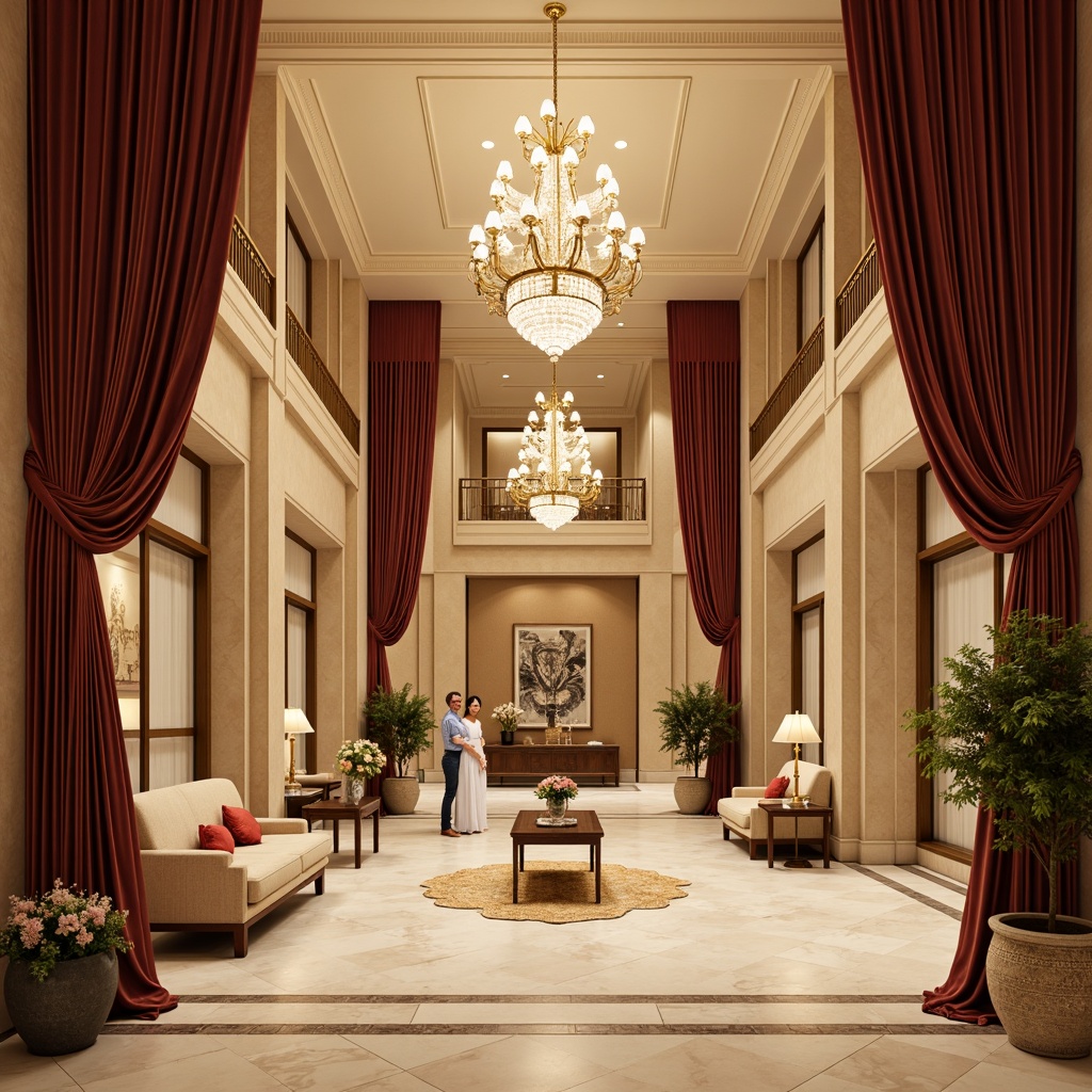 Prompt: Elegant hotel lobby, grandiose chandeliers, rich velvet drapes, ornate gold accents, creamy marble floors, soft warm lighting, neutral beige walls, luxurious furnishings, intricate moldings, classical columns, symmetrical architecture, subtle texture overlays, 1/2 composition, shallow depth of field, warm color palette, earthy tones, soft pastels, muted metallic sheen.