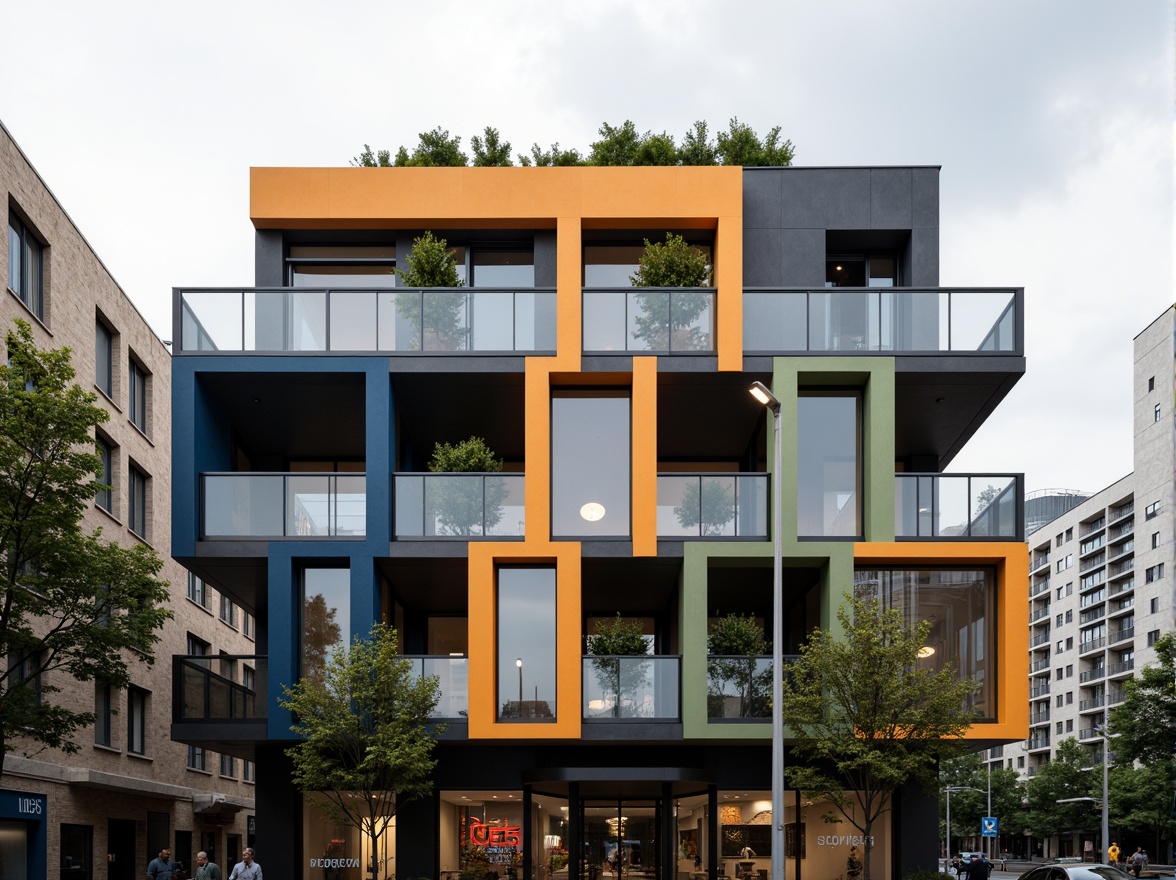 Prompt: Geometric building facade, rectangular forms, primary color scheme, functional simplicity, industrial materials, steel frames, glass windows, cantilevered balconies, asymmetrical composition, clean lines, minimal ornamentation, functional typography, bold signage, urban cityscape, overcast sky, dramatic shadows, high contrast lighting, 1/1 composition, realistic textures, ambient occlusion.