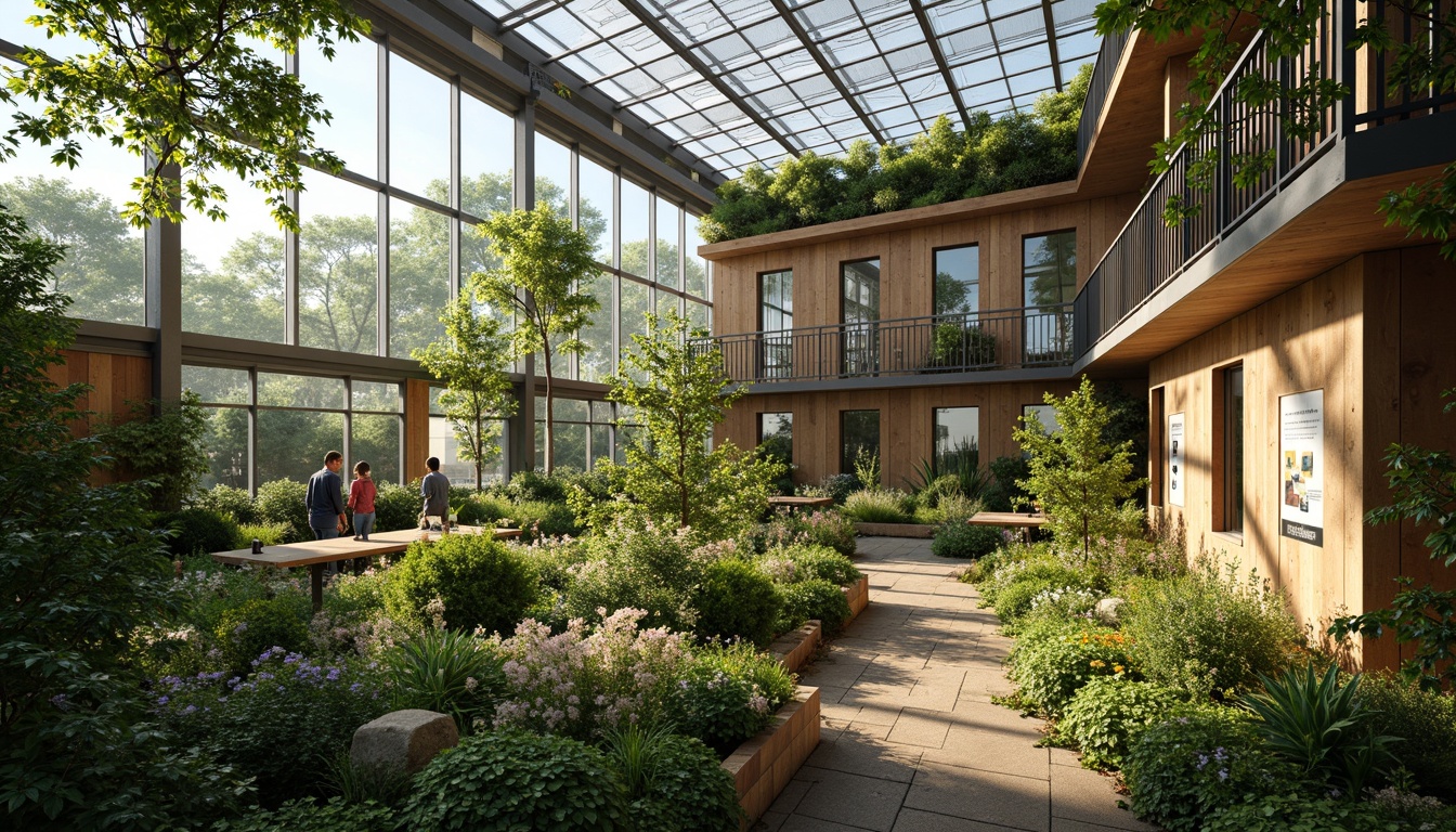 Prompt: Eco-friendly greenhouse, lush vegetation, natural light, educational signage, reclaimed wood accents, living walls, green roofs, solar panels, rainwater harvesting systems, modern minimalist architecture, large skylights, glass facades, bamboo flooring, recycled metal frames, vibrant botanical prints, earthy color palette, warm soft lighting, shallow depth of field, 3/4 composition, realistic textures, ambient occlusion.