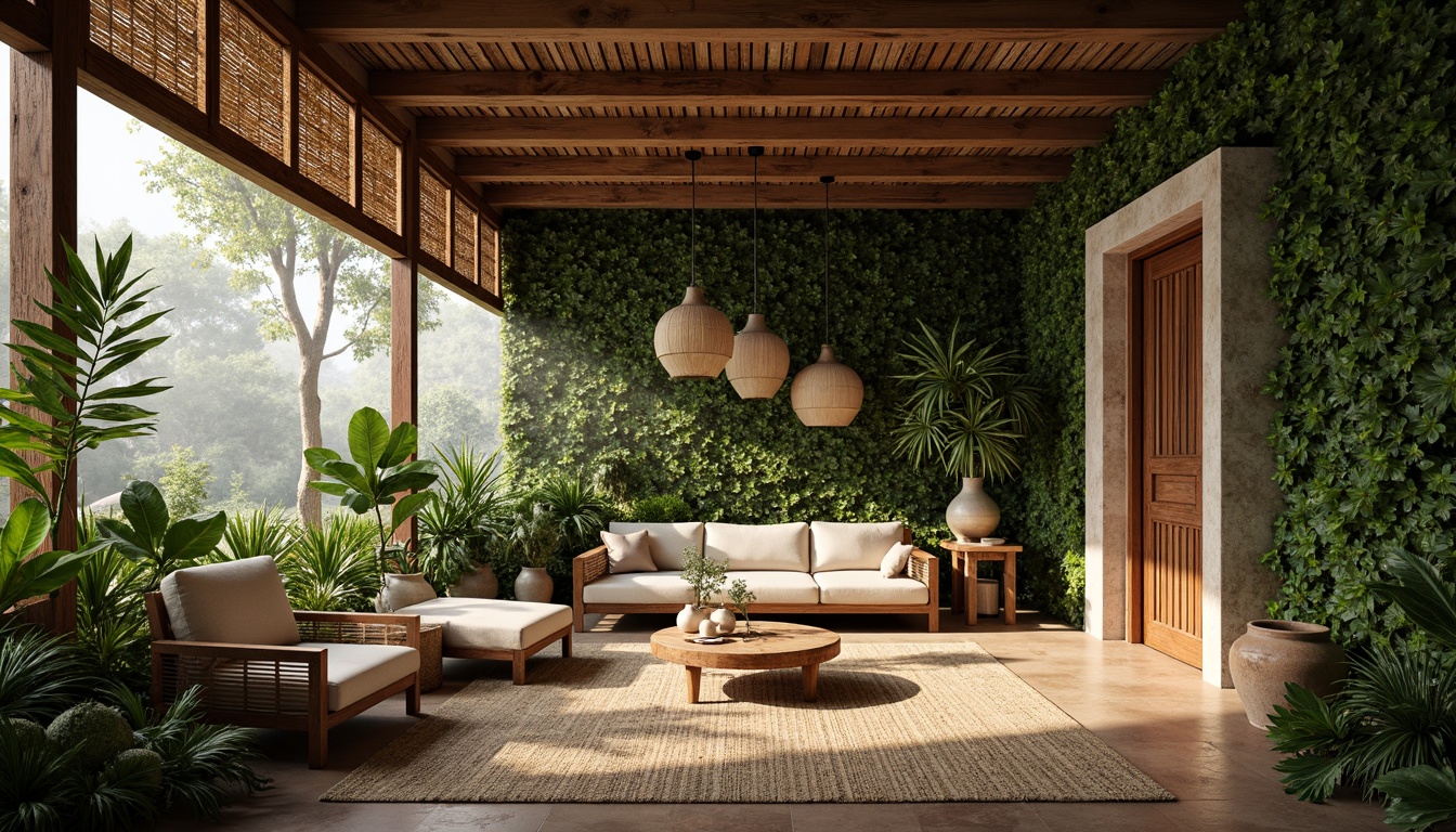 Prompt: Earthy tones, organic forms, reclaimed wood accents, living green walls, natural stone fa\u00e7ades, bamboo ceilings, woven rattan furniture, earthy ceramics, botanical patterns, lush foliage, misty atmosphere, warm soft lighting, shallow depth of field, 3/4 composition, panoramic view, realistic textures, ambient occlusion.