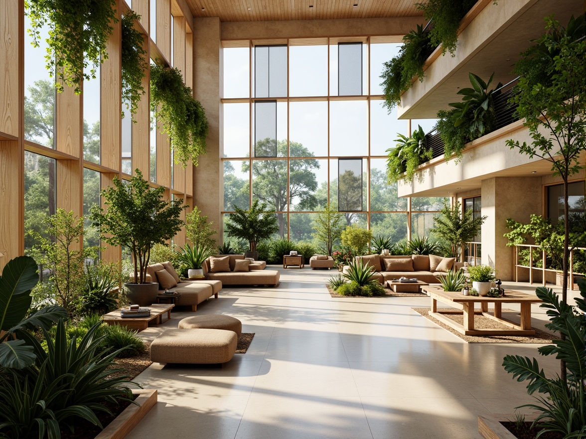 Prompt: Eco-friendly office building, large windows, natural ventilation systems, green roofs, living walls, tropical plants, warm beige tones, wooden accents, minimalist decor, open floor plan, collaborative workspaces, abundant daylight, soft diffused lighting, 1/1 composition, shallow depth of field, realistic textures, ambient occlusion.