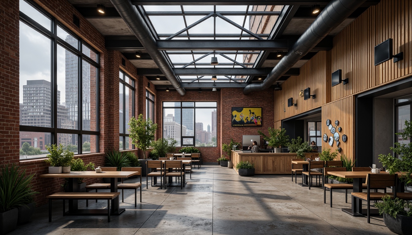 Prompt: Exposed brick walls, metal beams, industrial pipes, reclaimed wood accents, polished concrete floors, urban cityscape, modern skyscrapers, geometric glass fa\u00e7ades, minimalist decor, functional lighting, steel frames, mechanical details, distressed finishes, converted warehouse spaces, trendy cafes, artistic graffiti, vibrant street art, cloudy grey skies, dramatic shadowing, high contrast lighting, 1/1 composition, cinematic depth of field.