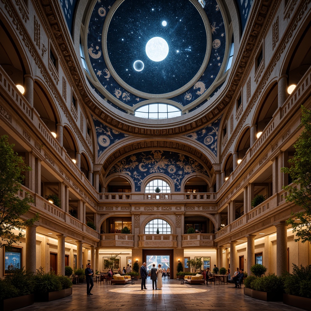 Prompt: Romanesque planetarium, celestial body displays, starry night sky, ornate stone carvings, grand dome structures, arched windows, intricate mosaic patterns, golden accents, warm ambient lighting, soft focus, shallow depth of field, 1/2 composition, symmetrical framing, realistic textures, atmospheric effects, subtle animations.