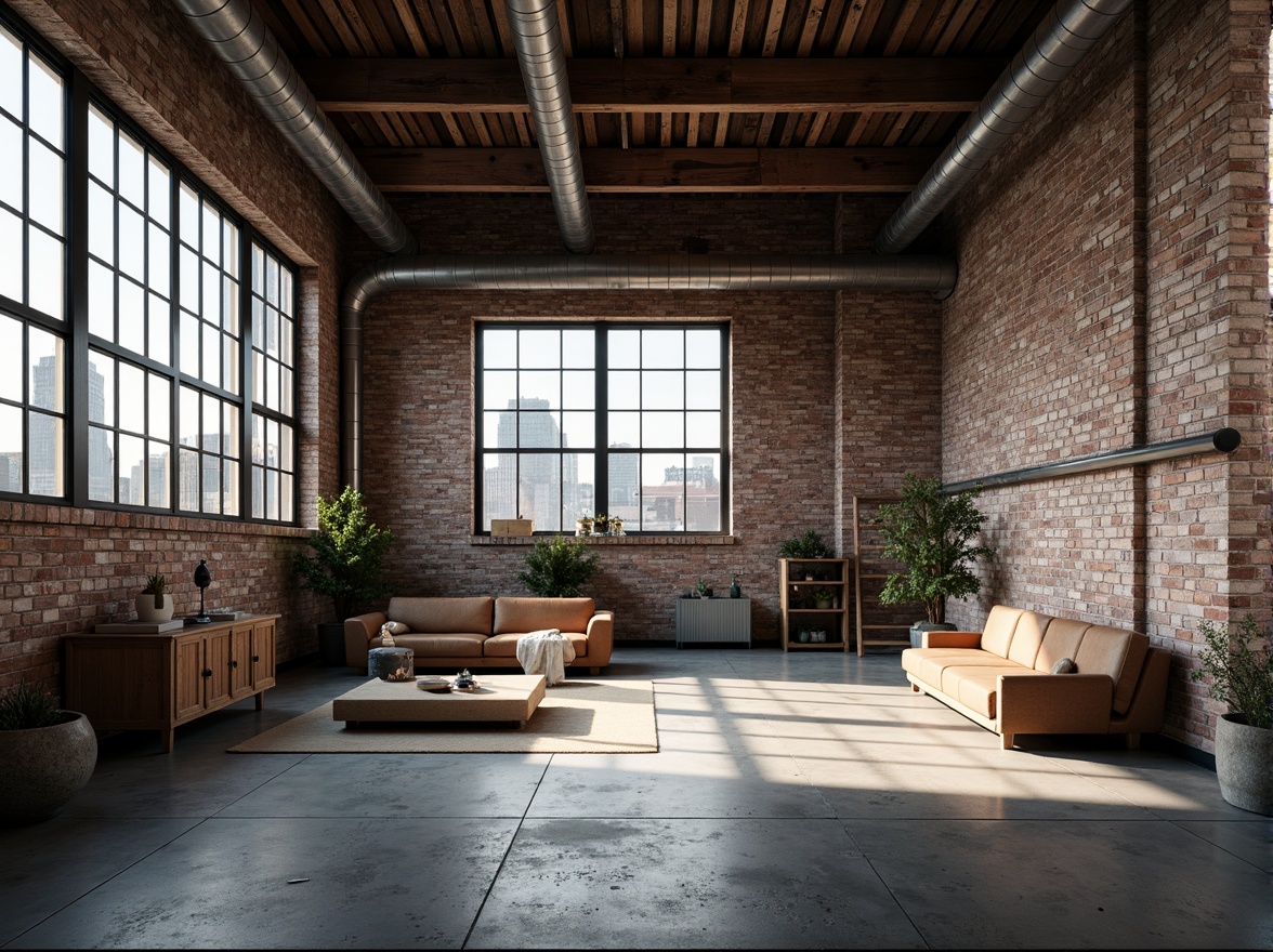 Prompt: Exposed brick walls, metal beams, industrial pipes, reclaimed wood accents, modern minimalist decor, urban cityscape, concrete floors, steel frames, large factory windows, natural light pouring in, gritty textured surfaces, distressed finishes, functional design elements, mechanical systems visible, brutalist architecture influence, raw unfinished look, monochromatic color scheme, high ceilings, open floor plans, urban loft atmosphere, atmospheric lighting, dramatic shadows, low-angle photography, cinematic composition.