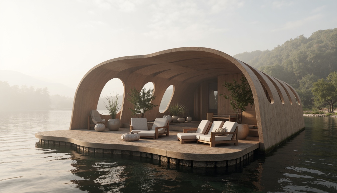 Prompt: Curved boathouse, undulating rooflines, wavy wooden decks, rippling water reflections, misty lake atmosphere, soft morning light, natural stone foundations, reclaimed wood accents, earthy color palette, organic free-form design, fluid interior spaces, rounded corners, minimalist furnishings, plush textiles, nature-inspired patterns, subtle gradient effects, 3D modeling renderings, cinematic camera angles, atmospheric depth of field.