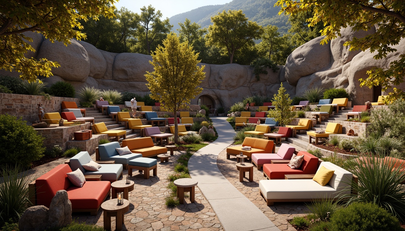 Prompt: \Vibrant amphitheater, eclectic seating arrangement, colorful mismatched chairs, rustic wooden benches, plush velvet sofas, industrial metal stools, whimsical lanterns, lush greenery, winding stone pathways, natural rock formations, sun-kissed day, warm golden lighting, shallow depth of field, 1/2 composition, dynamic camera angles, realistic textures, ambient occlusion.\