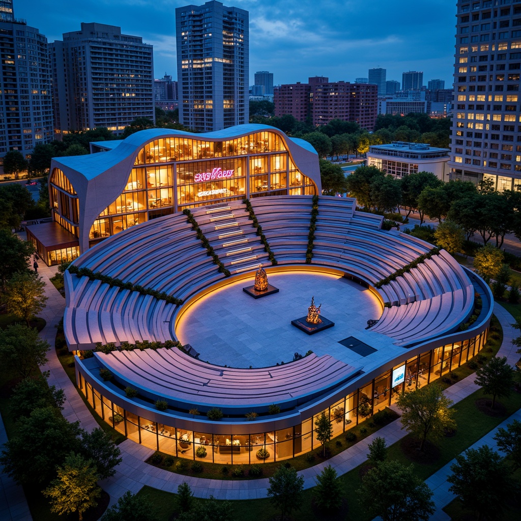 Prompt: Curved amphitheater, eclectic facade design, vibrant color scheme, irregular shapes, futuristic architecture, LED lighting installations, transparent glass panels, cantilevered structures, undulating rooflines, abstract sculptures, urban landscape, bustling cityscape, dramatic nighttime lighting, shallow depth of field, 3/4 composition, wide-angle lens, realistic textures, ambient occlusion.