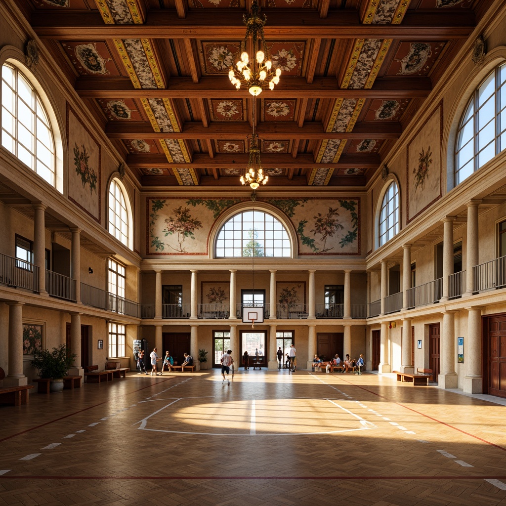 Prompt: Vibrant Renaissance gymnasium, ornate wooden flooring, high ceilings, grand chandeliers, large arched windows, stained glass details, soft warm natural lighting, indirect sunlight, clerestory windows, open balconies, frescoed walls, marble columns, intricate moldings, athletic equipment, sports facilities, basketball courts, running tracks, exercise machines, Olympic-sized swimming pools, locker rooms, showers, wooden benches, ancient Greek-inspired architectural elements, classic European-style fa\u00e7ade, sunny afternoon, shallow depth of field, 1/1 composition, realistic textures, ambient occlusion.