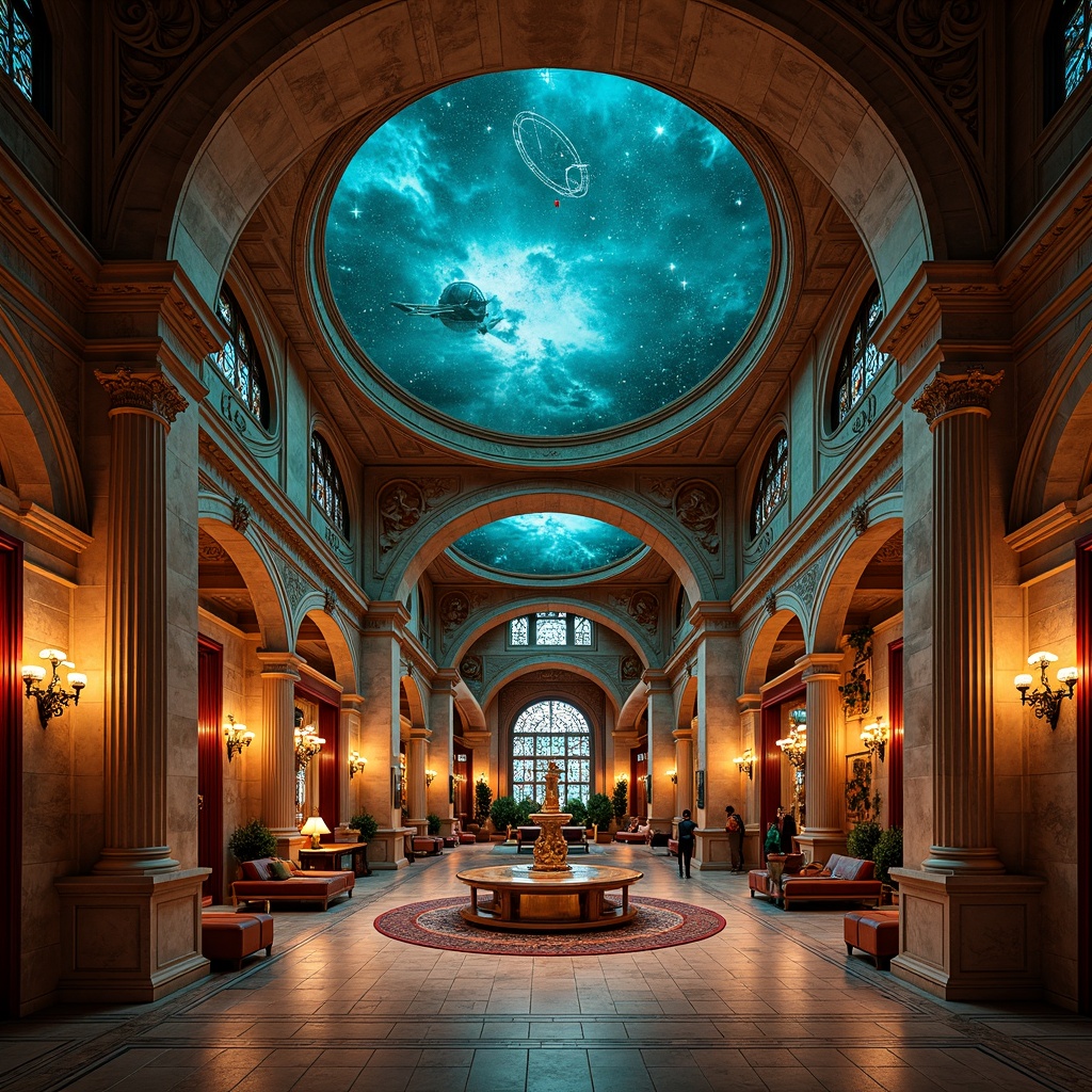 Prompt: Celestial planetarium, Romanesque arches, intricate stone carvings, stained glass windows, warm golden lighting, rich turquoise accents, deep crimson hues, velvety dark blues, majestic starry night sky, ornate metal fixtures, polished marble floors, grandiose chandeliers, mystical astronomy symbols, subtle texture overlays, cinematic depth of field, 1/1 composition, soft focus blur, vibrant color grading.