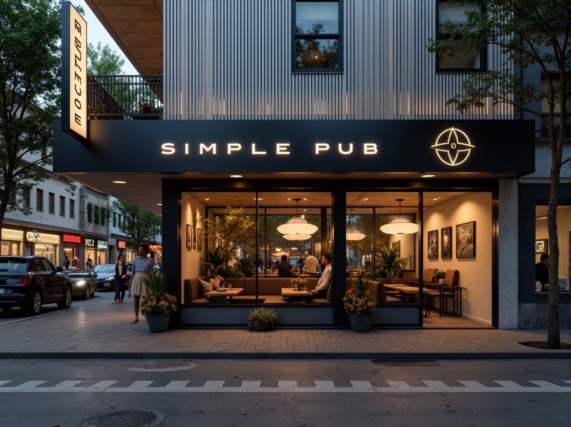 Prompt: Simple pub exterior, minimal ornamentation, clean lines, industrial materials, metal cladding, large windows, sliding glass doors, neutral color palette, subtle branding elements, modern typography, urban landscape, busy street scene, warm evening lighting, shallow depth of field, 2/3 composition, realistic reflections, ambient occlusion, geometric patterns, subtle textures, sleek signage.