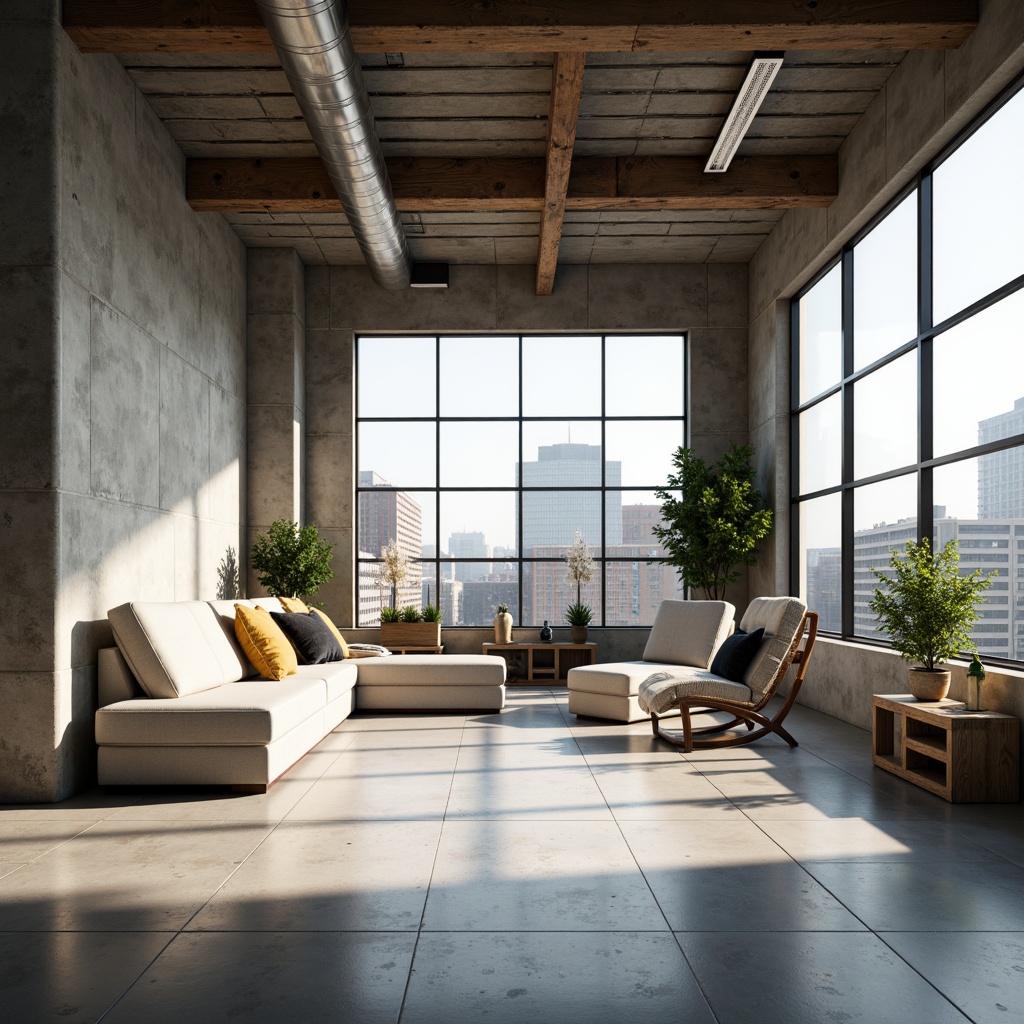 Prompt: Minimalist interior, empty space, natural light, industrial concrete walls, exposed ductwork, metal beams, wooden accents, sleek lines, functional furniture, sparse decorations, urban loft atmosphere, large windows, cityscape views, subtle textures, ambient shadows, shallow depth of field, 1/1 composition, realistic rendering, soft box lighting.