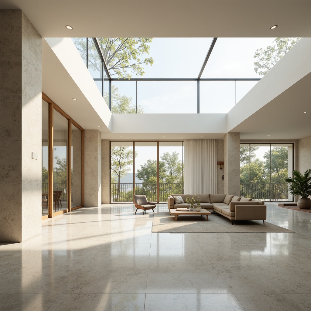 Prompt: Minimalist interior, large windows, sliding glass doors, clerestory windows, skylights, open floor plans, reflective surfaces, light-colored walls, polished marble floors, modern furniture, minimal decor, airy atmosphere, soft warm lighting, shallow depth of field, 3/4 composition, panoramic view, realistic textures, ambient occlusion.