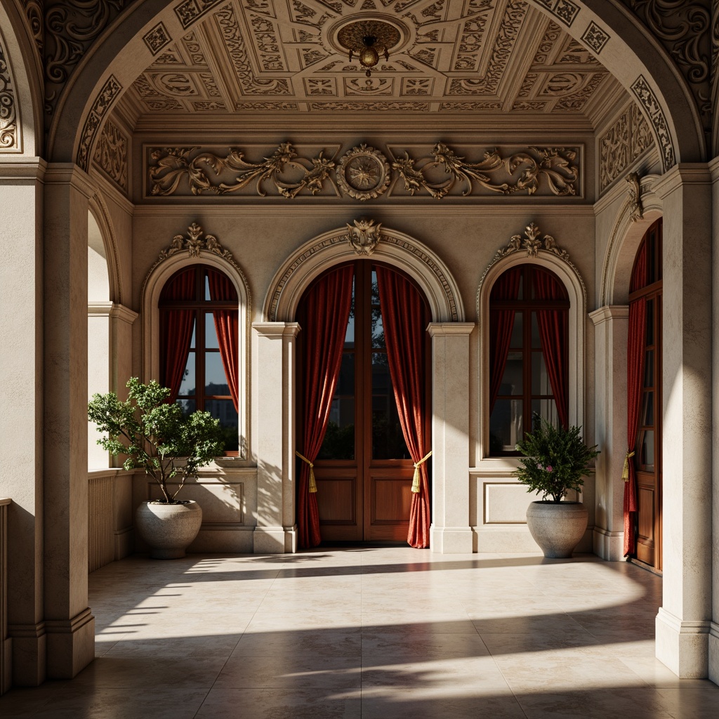 Prompt: Intricate stone carvings, ornate moldings, rusticated base, fluted columns, ornamental friezes, classical arches, symmetrical facades, grand entranceways, polished marble floors, richly textured velvet drapes, gilded accents, subtle shadowing, soft warm lighting, shallow depth of field, 2/3 composition, realistic textures, ambient occlusion.