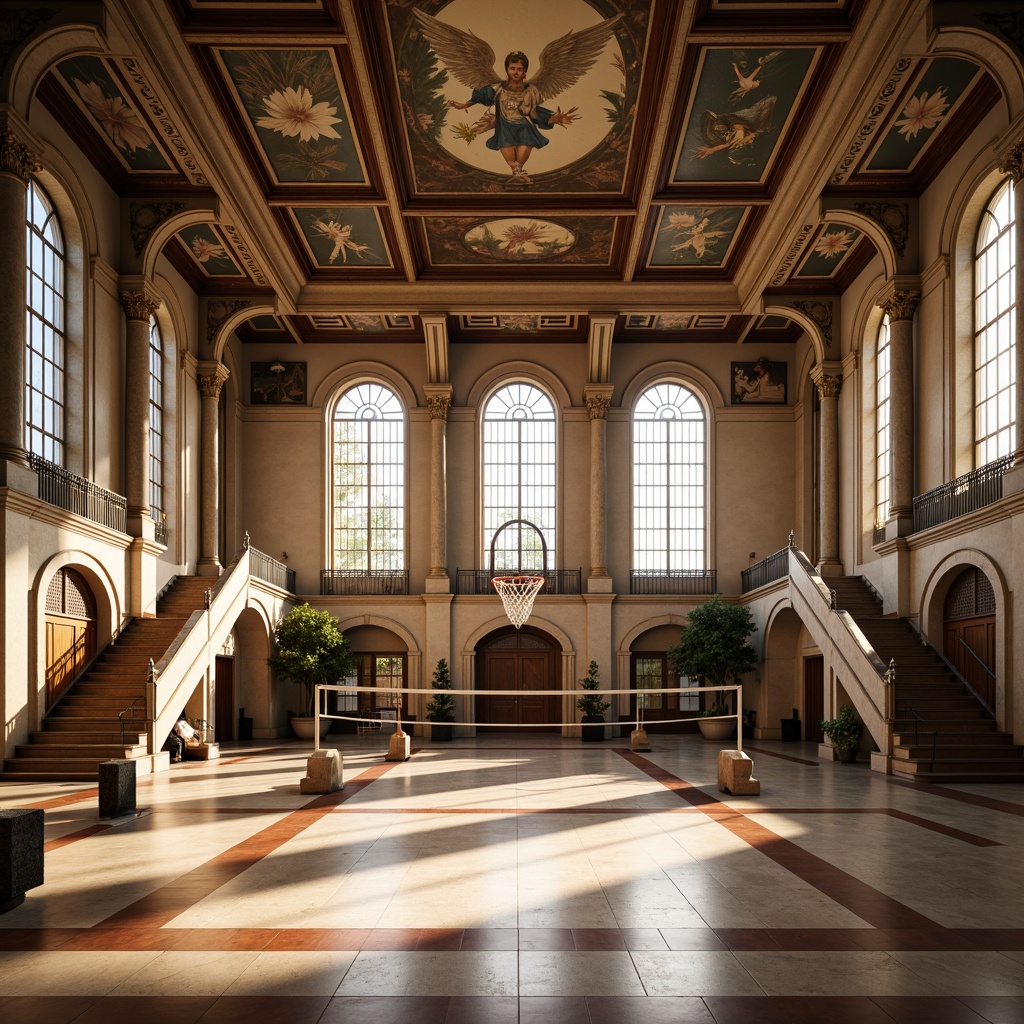 Prompt: Grandiose gymnasium, Renaissance-inspired architecture, ornate columns, arches, grand entrance, sweeping staircases, polished marble floors, rich wood paneling, decorative ceiling murals, large windows, natural light, athletic equipment, basketball hoops, volleyball nets, gymnastics apparatus, soft warm lighting, shallow depth of field, 3/4 composition, panoramic view, realistic textures, ambient occlusion.