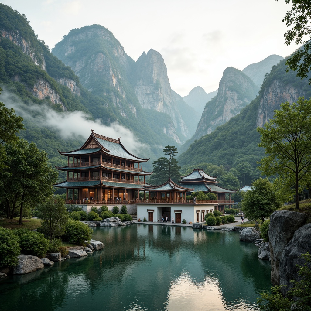 Prompt: Serene mountainous landscape, lush greenery, tranquil lakeside, majestic temple architecture, curved pagoda roofs, intricate stone carvings, vibrant tile work, peaceful courtyards, spiritual statues, natural rock formations, misty morning atmosphere, soft warm lighting, shallow depth of field, 3/4 composition, panoramic view, realistic textures, ambient occlusion, subtle fog effects.