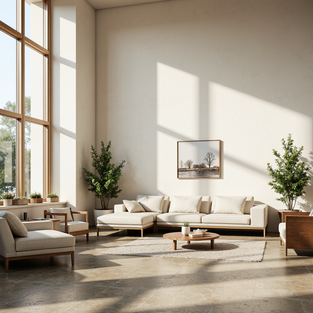 Prompt: Serene living room, minimalist decor, sleek low-profile furniture, creamy white walls, polished concrete floors, floor-to-ceiling windows, natural light pouring in, subtle texture variations, industrial-chic metal accents, greenery accents, potted plants, soft warm lighting, shallow depth of field, 3/4 composition, realistic textures, ambient occlusion.