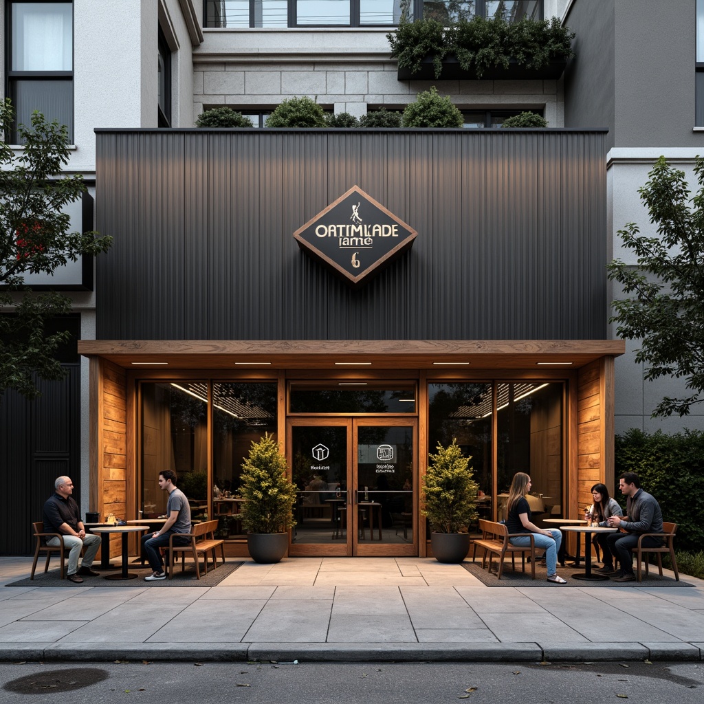 Prompt: Simple pub exterior, minimalist facade, industrial materials, metal cladding, wooden accents, large windows, sliding glass doors, modern signage, urban landscape, concrete pavement, subtle lighting, shallow depth of field, 1/1 composition, realistic textures, ambient occlusion, geometric patterns, clean lines, monochromatic color scheme, warm inviting atmosphere, cozy outdoor seating, potted plants, natural stone walls.