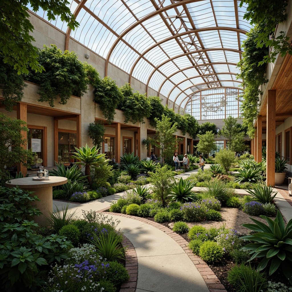 Prompt: Vibrant botanical greenhouse, lush greenery, tropical plants, natural stone walls, wooden trellises, glass roofs, modern academic architecture, earthy color palette, mossy tones, soft sage greens, rich terracottas, warm beige accents, soft warm lighting, shallow depth of field, 3/4 composition, panoramic view, realistic textures, ambient occlusion, educational signage, interactive exhibits, collaborative workspaces, natural ventilation systems, living walls, biophilic design elements.