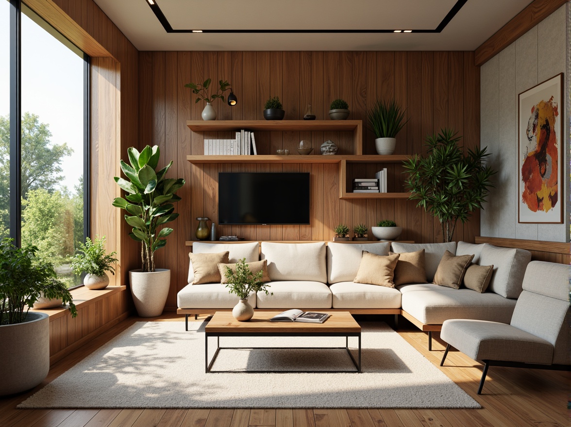 Prompt: Cozy living room, comfortable sofa, wooden coffee table, vibrant green plants, floor-to-ceiling windows, natural light, soft warm ambiance, functional storage spaces, multi-functional furniture, ergonomic design, clutter-free environment, organized shelving units, calm color palette, minimal ornamentation, sleek metal legs, plush area rug, corner desk workspace, task lighting, acoustic paneling, sound-absorbing materials.