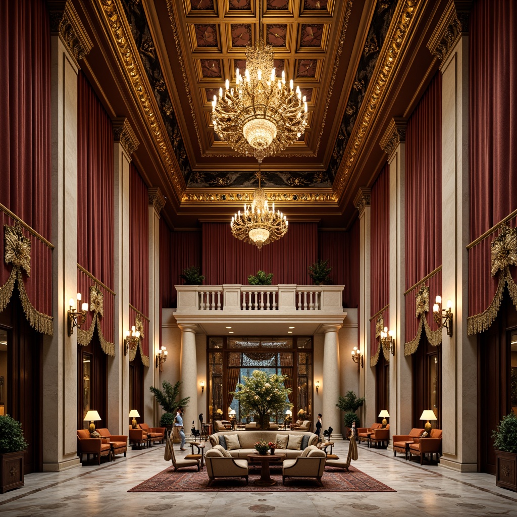 Prompt: Luxurious hotel lobby, ornate Renaissance-style furnishings, rich velvet drapes, intricately patterned textiles, golden accents, ornamental columns, grand chandeliers, marble floors, lavish furniture upholstery, subtle lighting, warm color palette, cozy seating areas, classic European-inspired decor, opulent materials, regal ambiance, symmetrical composition, shallow depth of field, 1/1 aspect ratio, realistic textures, ambient occlusion.