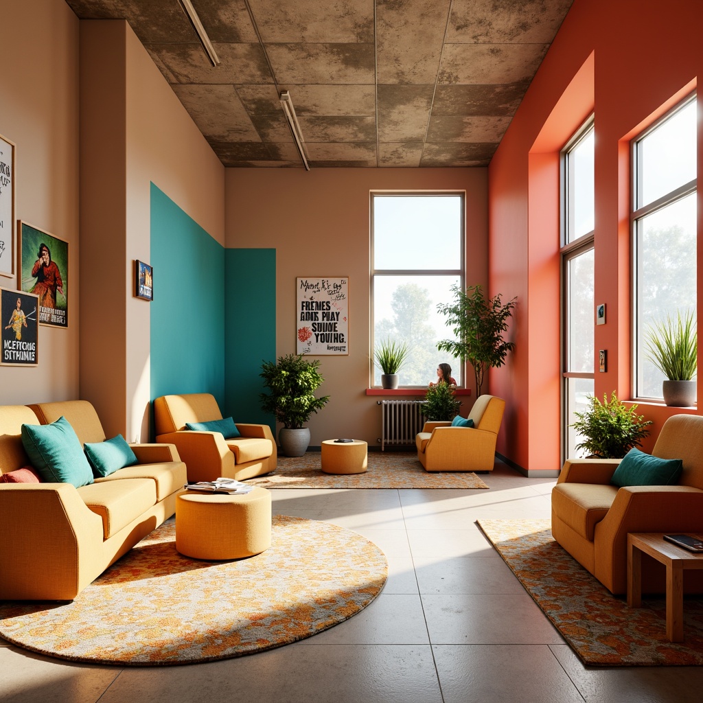 Prompt: Vibrant youth center, energetic atmosphere, bold color scheme, bright coral walls, lively turquoise accents, warm beige floors, modern minimalist furniture, inspirational quotes, motivational posters, playful patterned rugs, eclectic artwork displays, natural light pouring in, sunny day, soft warm lighting, 3/4 composition, panoramic view, realistic textures, ambient occlusion.