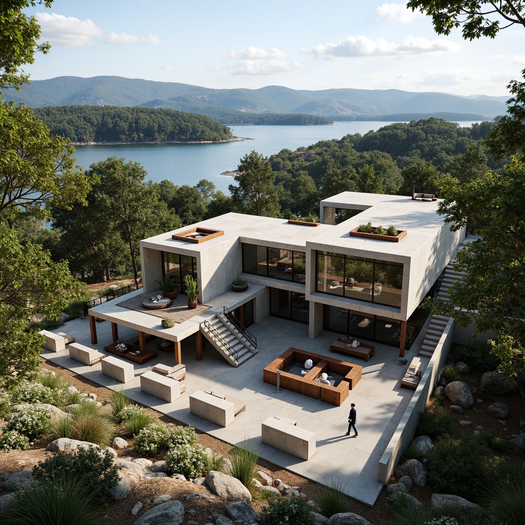 Prompt: Rugged natural terrain, rolling hills, serene lakeside, lush green forests, modernist Bauhaus buildings, rectangular forms, clean lines, minimal ornamentation, functional simplicity, steel frame structures, large windows, sliding glass doors, cantilevered roofs, outdoor staircases, brutalist concrete textures, weathered wooden accents, organic integration with landscape, seamless transitions, blurred boundaries, abstract sculptures, geometric planters, vibrant colorful murals, eclectic art installations, warm sunny day, soft diffused lighting, high contrast shadows, 3/4 composition, symmetrical framing.