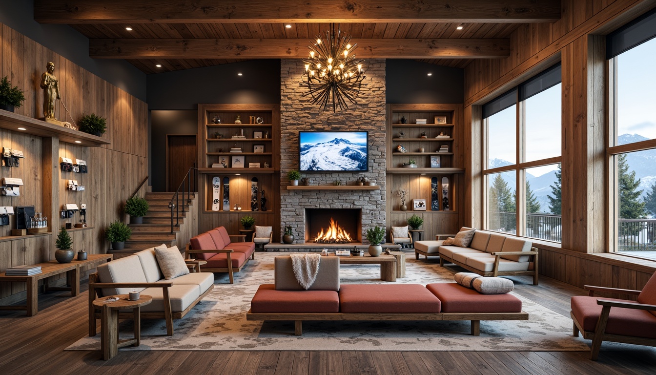 Prompt: Cozy ski lodge atmosphere, wooden accents, rustic stone walls, warm fireplace, plush sofas, comfortable seating areas, snowboard and ski equipment displays, interactive virtual reality experiences, digital ski trail maps, modern minimalist decor, industrial-style lighting fixtures, reclaimed wood floors, large windows with mountain views, natural materials, earthy color palette, functional storage spaces, ski-in/ski-out access, convenient amenities, warm beverage stations, rustic wooden benches, scenic outdoor terraces, soft warm lighting, shallow depth of field, 1/2 composition, realistic textures.