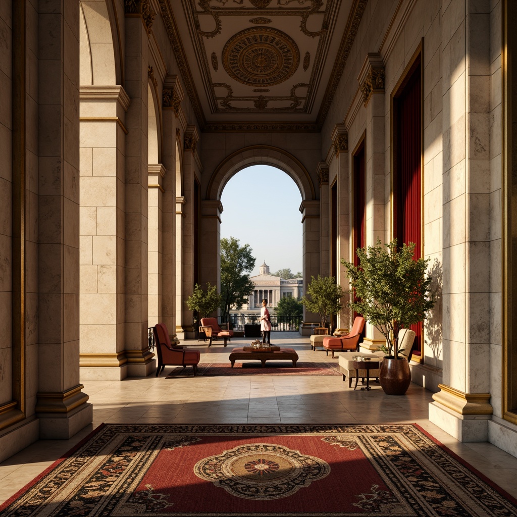 Prompt: Grandiose classical columns, ornate carvings, smooth marble floors, rusticated stone walls, intricately patterned rugs, luxurious velvet drapes, gilded accents, polished wooden furniture, subtle gradient skies, warm golden lighting, shallow depth of field, 2/3 composition, symmetrical arrangement, realistic textures, ambient occlusion.