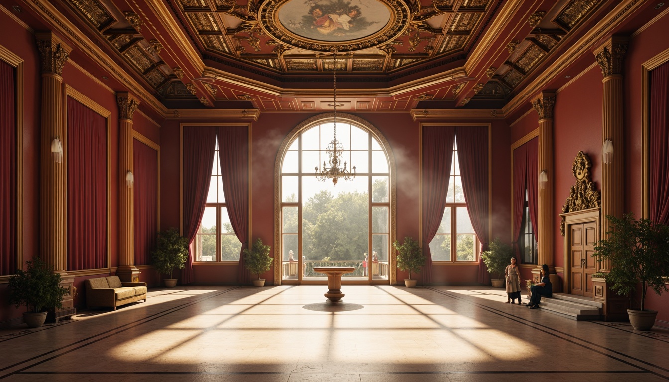 Prompt: Vibrant Renaissance-style gymnasium, ornate wooden accents, rich burgundy walls, golden ceiling ornaments, cream-colored marble floors, grand chandeliers, warm soft lighting, atmospheric fog effects, misty morning atmosphere, 1/1 composition, symmetrical framing, ornate Baroque-inspired details, intricate fresco ceilings, luxurious velvet drapes, antique furniture pieces, historic architectural elements, mysterious mystical ambiance.