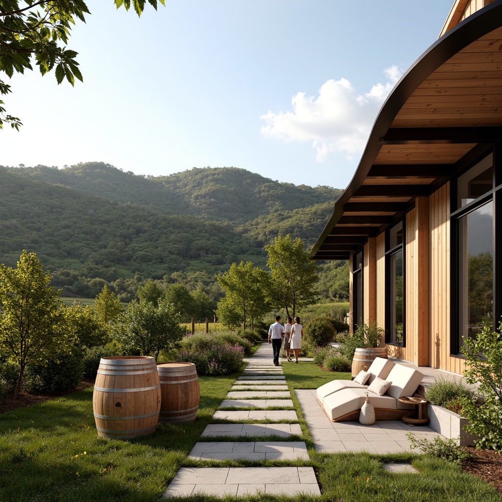 Prompt: Vineyard landscape, rolling hills, lush greenery, wine barrels, rustic stone walls, wooden trellises, curved lines, modern fusion architecture, large glass windows, steel frames, cantilevered roofs, natural stone flooring, earthy tones, warm lighting, soft focus, shallow depth of field, 1/2 composition, panoramic view, realistic textures, ambient occlusion.