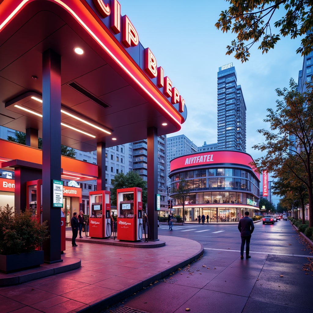 Prompt: Vibrant gas station, bold color scheme, neon signage, retro-futuristic architecture, sleek metallic accents, glossy floors, modern LED lighting, geometric patterns, urban cityscape, busy streets, morning sunlight, shallow depth of field, 3/4 composition, panoramic view, realistic textures, ambient occlusion.