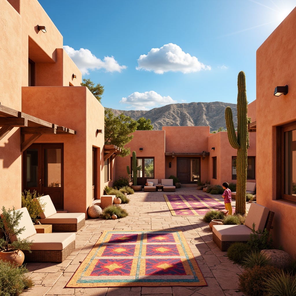 Prompt: Vibrant adobe buildings, warm earthy tones, soft sandy dunes, cactus silhouettes, clear blue skies, hot sunny days, natural stone walls, rustic wooden accents, bold colorful textiles, geometric patterned rugs, warm ambient lighting, shallow depth of field, 3/4 composition, panoramic views, realistic textures, ambient occlusion.