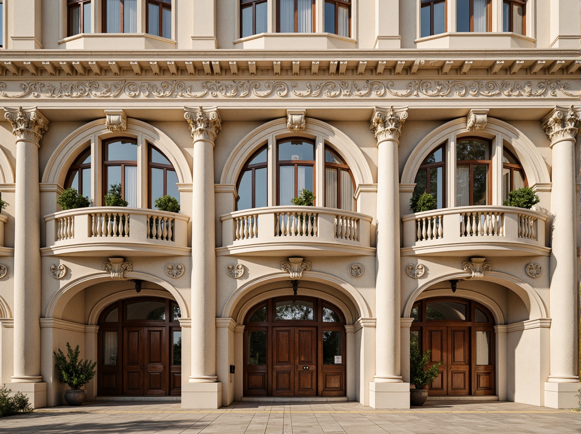 Prompt: Grandiose building facade, ornate columns, carved stonework, symmetrical composition, classical proportions, subtle arches, rounded windows, decorative cornices, intricate moldings, rusticated base, elegant pilasters, refined pediments, ornamental balconies, lavish doorways, richly textured stone, warm beige color palette, soft natural lighting, shallow depth of field, 2/3 composition, realistic textures, ambient occlusion.