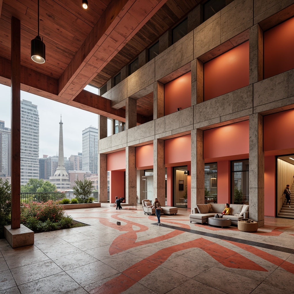 Prompt: Coral-hued brutalist university building, rugged concrete textures, bold coral accents, geometric patterned floors, industrial-style lighting fixtures, exposed ductwork, minimalist furnishings, warm beige walls, weathered steel beams, urban cityscape background, overcast sky, dramatic shadows, high contrast ratio, 1/2 composition, cinematic atmosphere, realistic render.