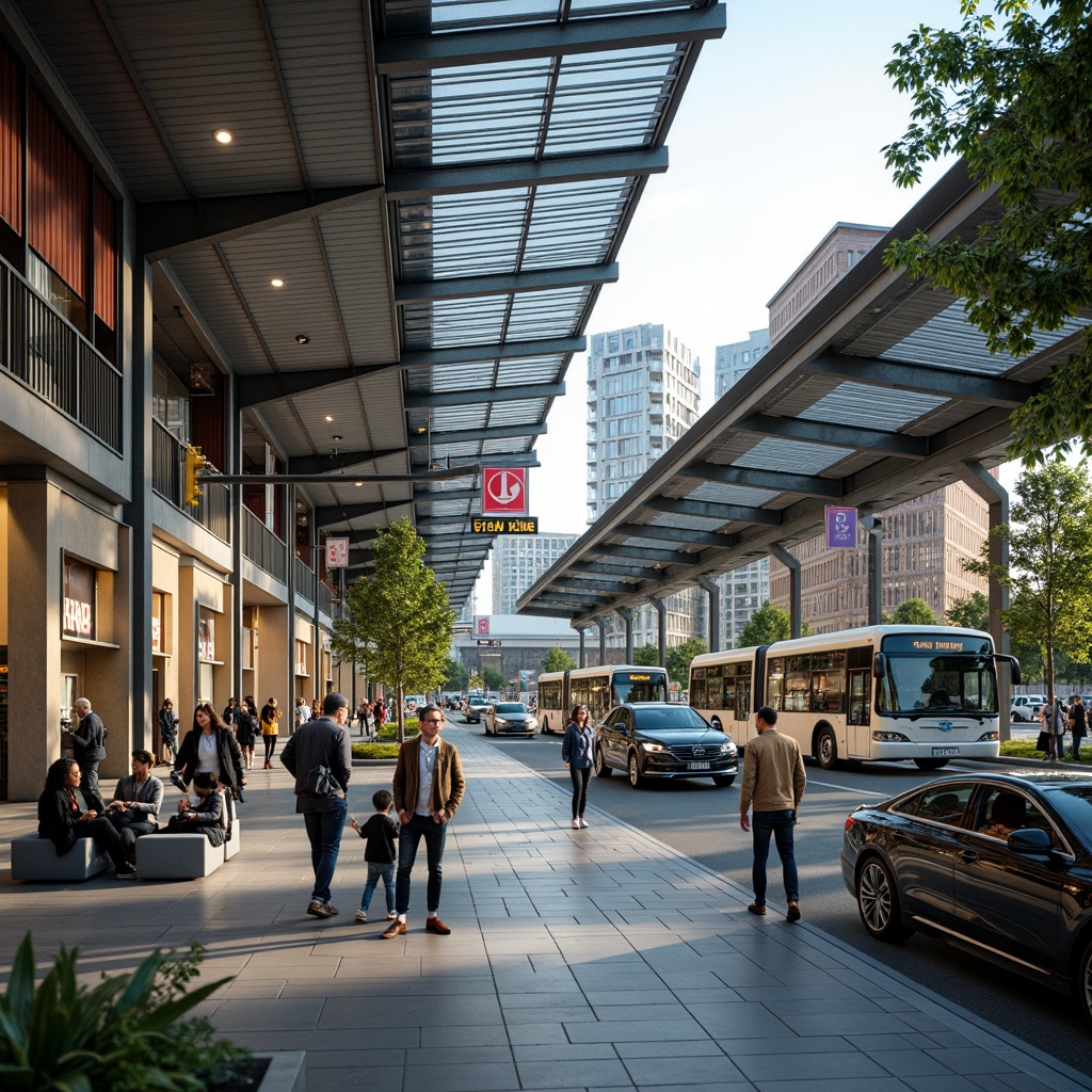 Prompt: Busy bus terminal, modern architectural design, sleek metal frameworks, large glass roofs, natural stone flooring, vibrant LED lighting, efficient signage systems, comfortable waiting areas, ample seating, convenient amenities, accessible pedestrian paths, organized vehicle traffic flow, clear wayfinding signs, intuitive navigation, spacious platforms, secure surveillance cameras, dynamic urban surroundings, sunny day, soft warm lighting, shallow depth of field, 3/4 composition, panoramic view, realistic textures, ambient occlusion.