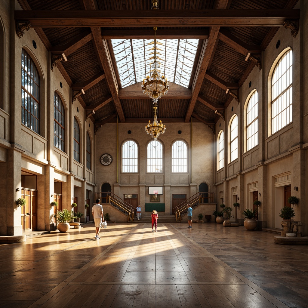 Prompt: Grand Renaissance gymnasium, high ceilings, ornate chandeliers, large windows, stained glass skylights, natural stone floors, wooden basketball courts, athletic equipment, climbing walls, vaulted roofs, archaic columns, grand staircases, soft warm lighting, diffused sunlight, 1/1 composition, shallow depth of field, realistic textures, ambient occlusion.