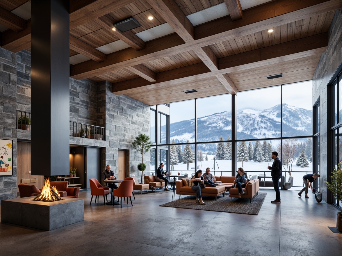 Prompt: Snow-capped mountains, modern ski centers, wooden accents, metal beams, glass facades, rustic stone walls, warm fireplaces, cozy seating areas, sleek elevators, polished concrete floors, industrial lighting fixtures, minimalist decor, functional layouts, eco-friendly materials, sustainable building practices, energy-efficient systems, panoramic views, mountain vistas, snowy landscapes, frozen lakes, winter sports equipment, ski lifts, snowboarding gear, frosty mornings, crisp air, soft warm lighting, shallow depth of field, 3/4 composition.