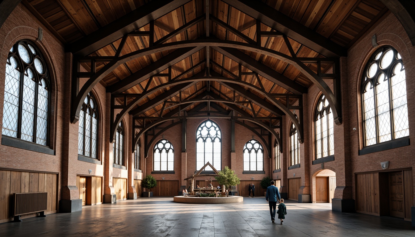 Prompt: Exposed truss ceilings, industrial chic aesthetic, reclaimed wood beams, metal brackets, ornate Gothic details, pointed arches, ribbed vaults, stained glass windows, grand open spaces, rustic brick walls, distressed concrete floors, atmospheric lighting, dramatic shadows, 1/2 composition, low-angle shot, warm color palette, rich textures, subtle ambient occlusion.