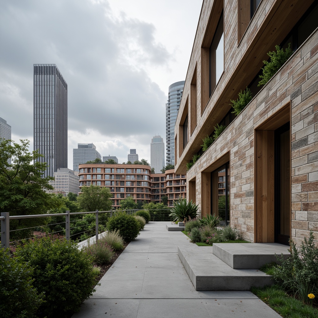 Prompt: Rustic stone walls, smooth wooden accents, rough concrete floors, sleek metal beams, vibrant green roofs, modern minimalist architecture, urban cityscape, cloudy grey sky, dramatic backlighting, high contrast ratio, 1/1 composition, realistic textures, ambient occlusion.