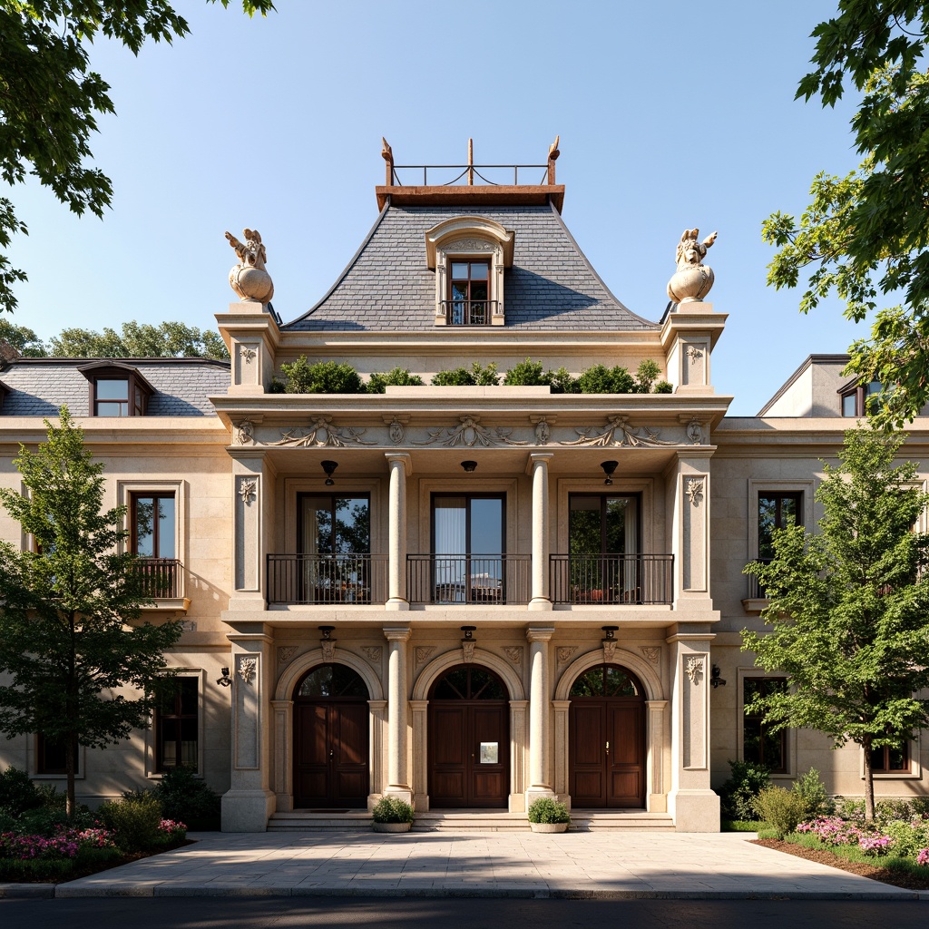 Prompt: Ornate bank building, Renaissance Revival style, grand entrance, imposing columns, intricately carved stonework, ornamental facades, rusticated bases, decorative cornices, slate roofing, glazed terra cotta tiles, copper finials, gilded accents, ornate chimneys, dormer windows, asymmetrical rooflines, complex roof geometry, layered roofing, rustic stone walls, lush greenery, blooming flowers, sunny day, soft warm lighting, shallow depth of field, 3/4 composition, panoramic view, realistic textures, ambient occlusion.